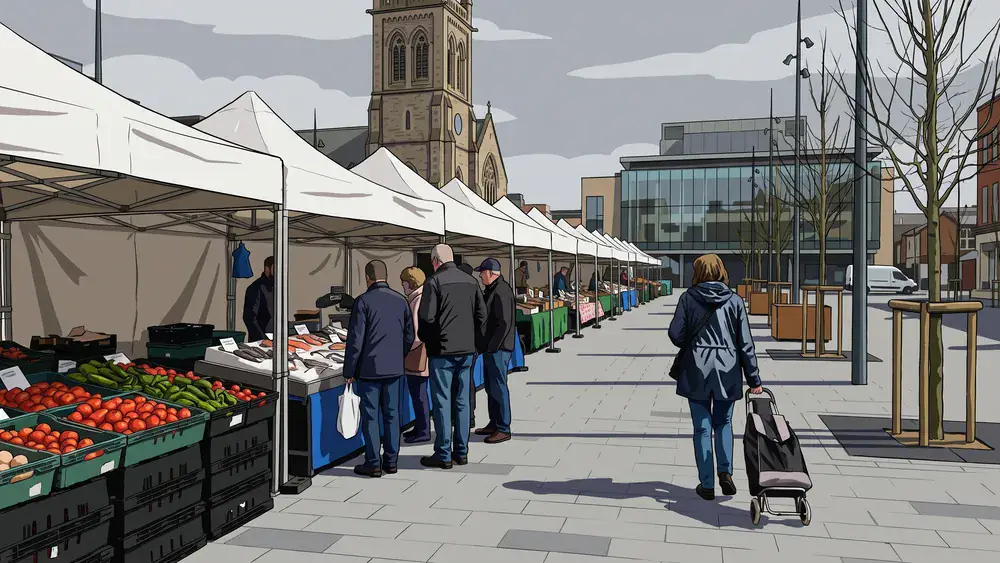 Marktkramen en bezoekers op de zaterdagmarkt op het Stadsforum in Tilburg