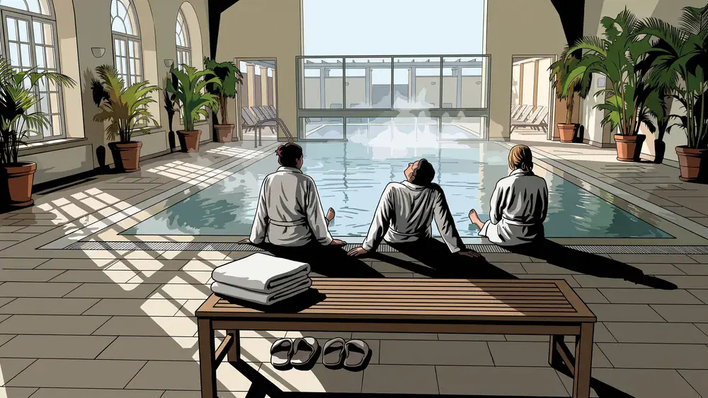 Binnenbad met ochtendlicht dat doorloopt naar het buitenterras bij Thermen Goirle
