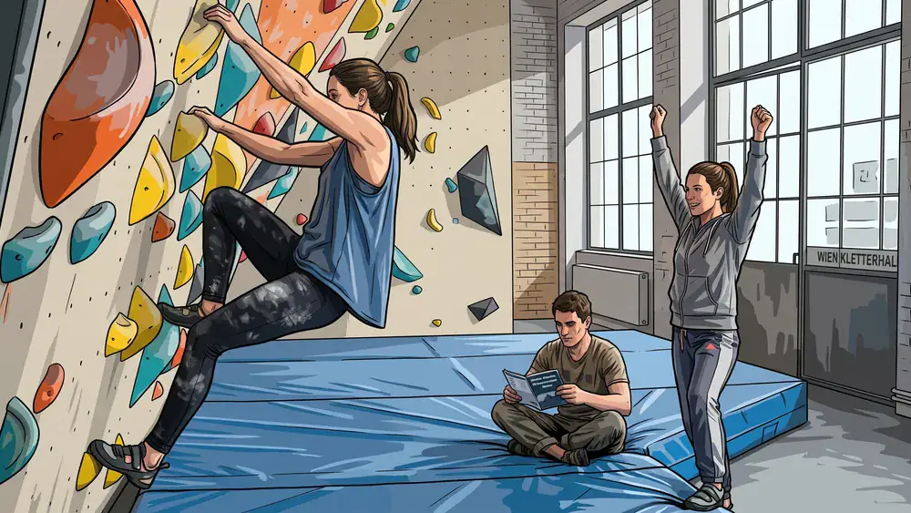Boulderbar Wien - Erwachsene klettern und sichern an einer farbigen Indoor-Boulderwand