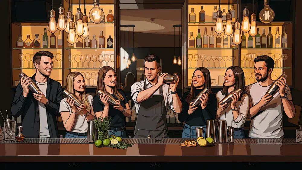 Cocktailkurs in Wien - Erwachsene mixen Cocktails hinter einer beleuchteten Bar in der Innenstadt