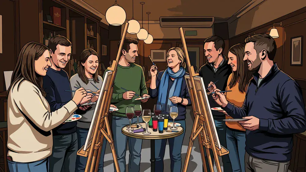 Painting Party in Wien - Erwachsene malen an Staffeleien mit Wein in gemütlicher Bar-Atmosphäre