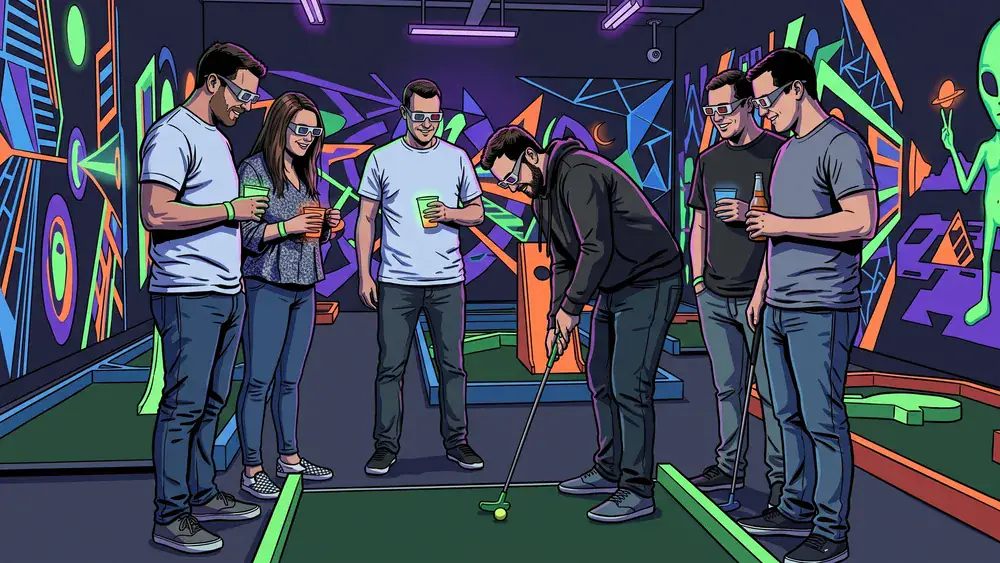 Schwarzlicht Minigolf in Wien - Erwachsene spielen mit 3D-Brillen Minigolf in leuchtender Neonwelt