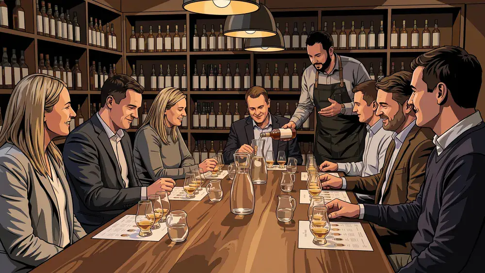 Whisky-Tasting in Wien - Erwachsene verkosten unter Anleitung mehrere Single Malts an einem Holztisch