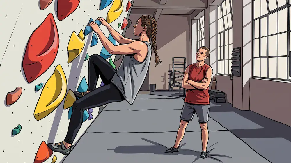 Boulderbar Wien – Zwei Personen klettern und sichern an einer farbigen Indoor-Boulderwand