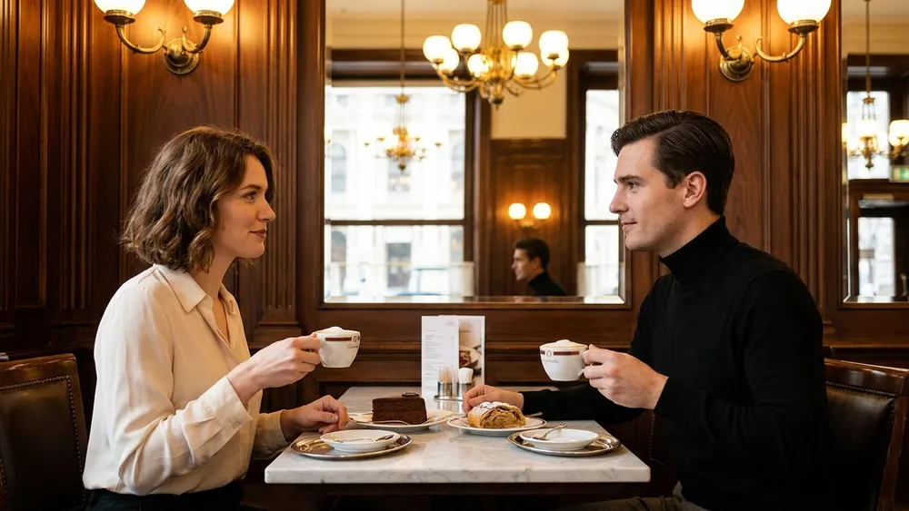 Café Landtmann Wien – Zwei Personen mit Melange und Kuchen in der holzvertäfelten Kaffeehaus-Atmosphäre