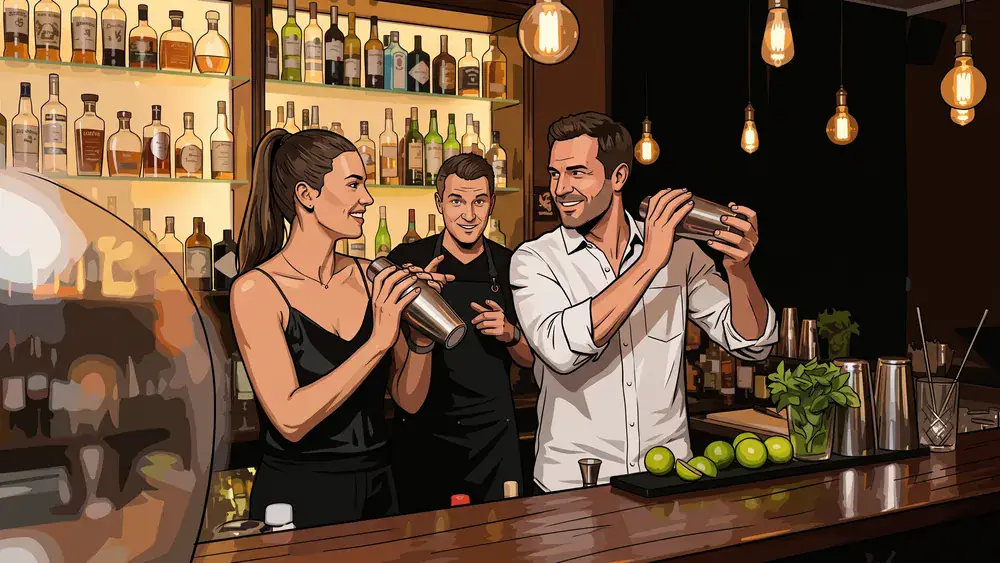 Cocktailkurs in Wien – Zwei Personen mixen Cocktails hinter einer beleuchteten Bar