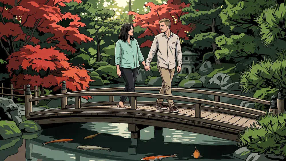 Setagayapark Wien – Zwei Personen überqueren die Brücke über den Koi-Teich im Japanischen Garten