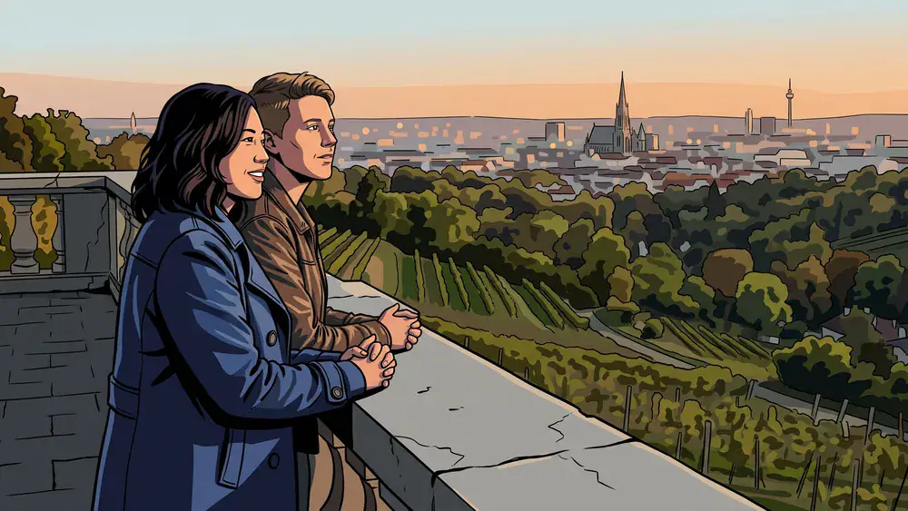 Kahlenberg Wien – Zwei Personen blicken bei Sonnenuntergang von der Aussichtsterrasse auf Wien