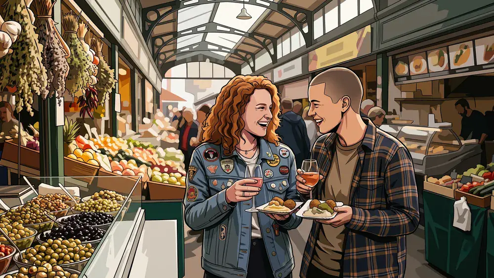 Naschmarkt Wien – Zwei Personen probieren Mezze an einem Marktstand