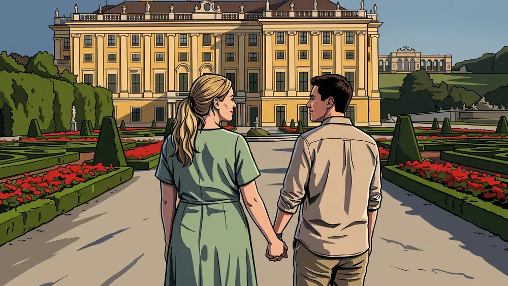 Schloss Schönbrunn Wien – Zwei Personen spazieren durch den Barockgarten mit Schloss im Hintergrund
