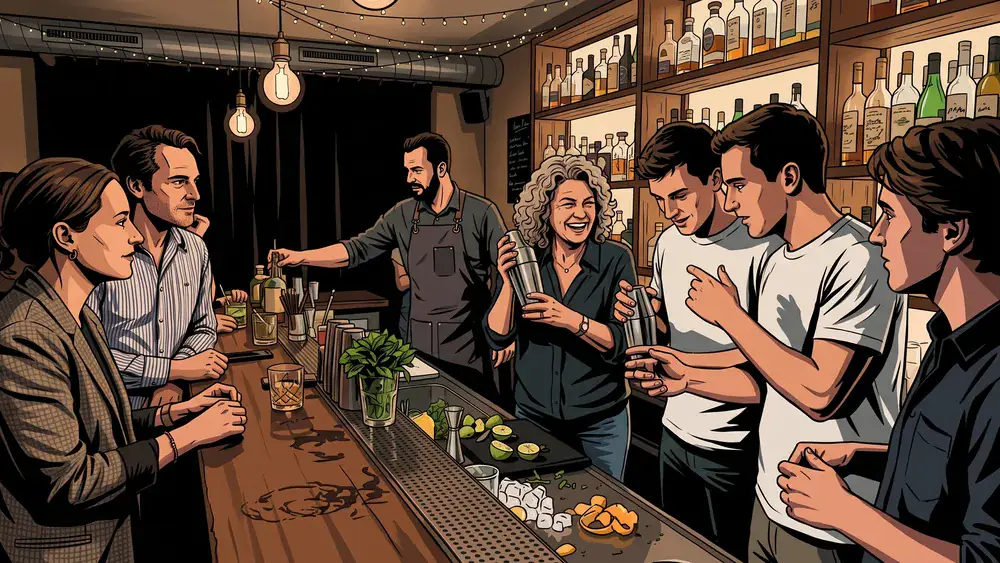 Cocktailkurs in Wien – Kollegen mixen Cocktails hinter einer beleuchteten Bar mit Anleitung in der Innenstadt