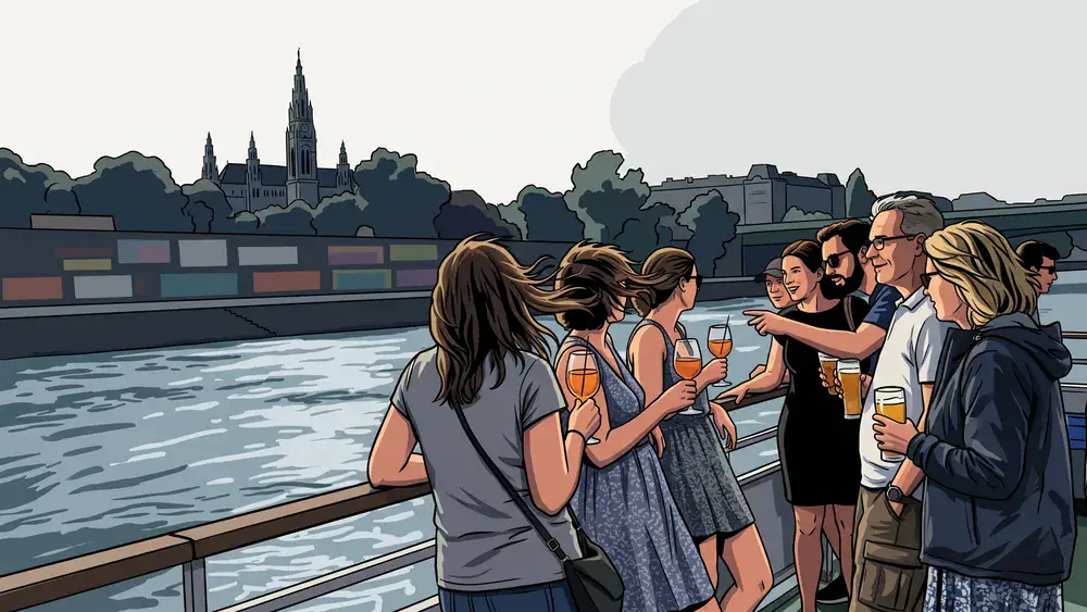 DDSG Donaurundfahrt in Wien – Kollegen stehen an Deck eines Donauschiffs mit Blick auf die Uferpromenade