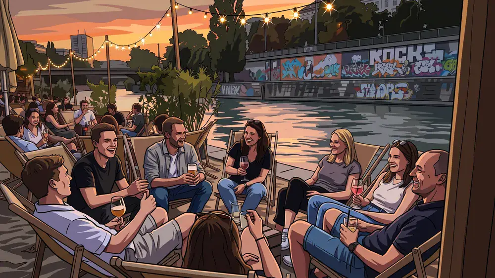 Donaukanal Wien – Kollegen sitzen mit Drinks am Sandstrand der Strandbar Herrmann