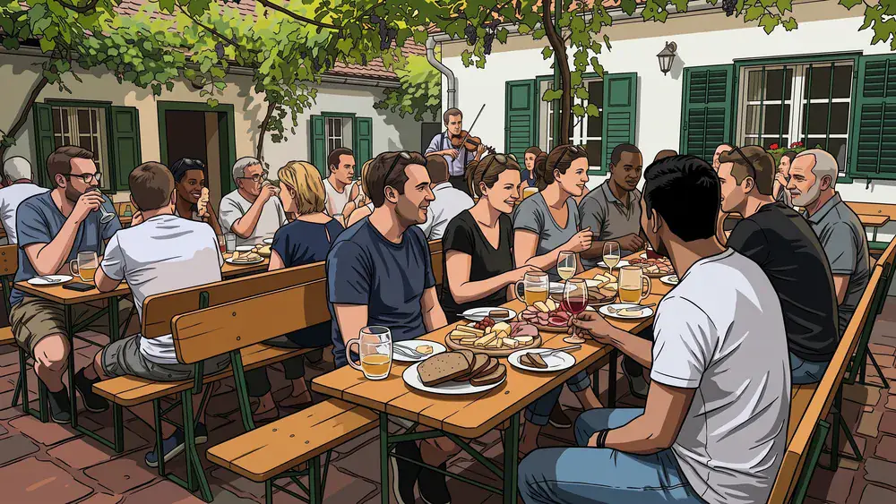 Heuriger Mayer am Pfarrplatz – Kollegen trinken Wein und essen Schmankerl im Gastgarten eines Wiener Traditionsheurigen in Heiligenstadt