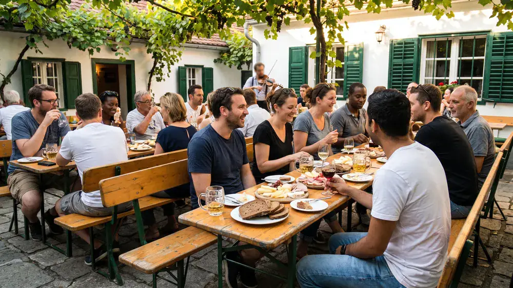 Heuriger Mayer am Pfarrplatz – Kollegen trinken Wein und essen Schmankerl im Gastgarten eines Wiener Traditionsheurigen in Heiligenstadt