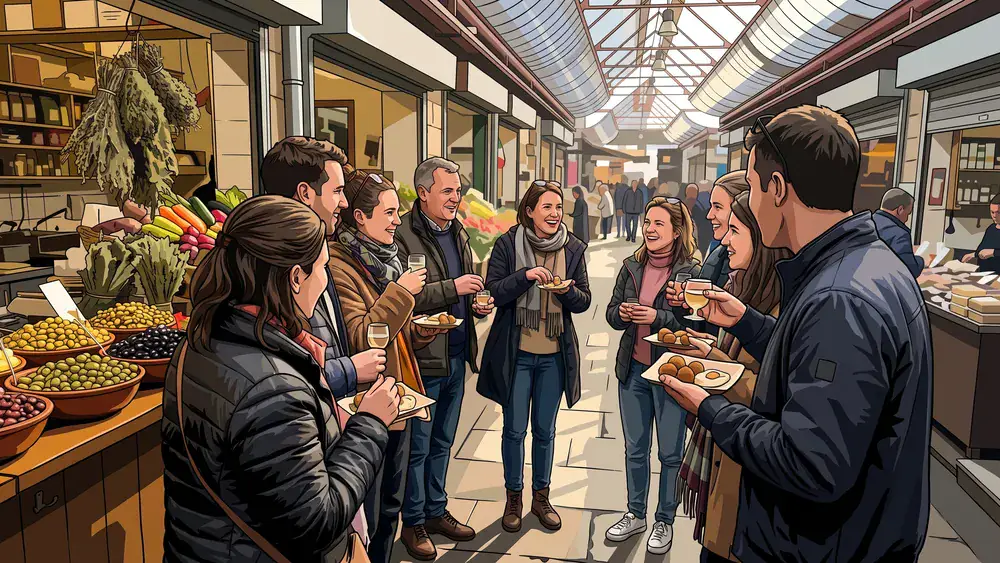 Naschmarkt Wien – Kollegen probieren gemeinsam Mezze an einem Marktstand