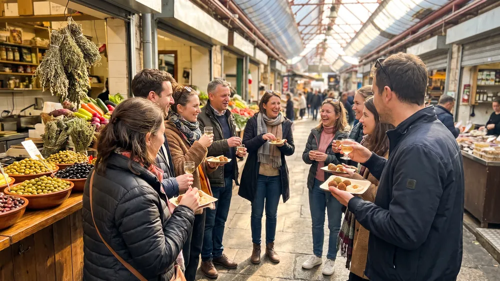 Naschmarkt Wien – Kollegen probieren gemeinsam Mezze an einem Marktstand