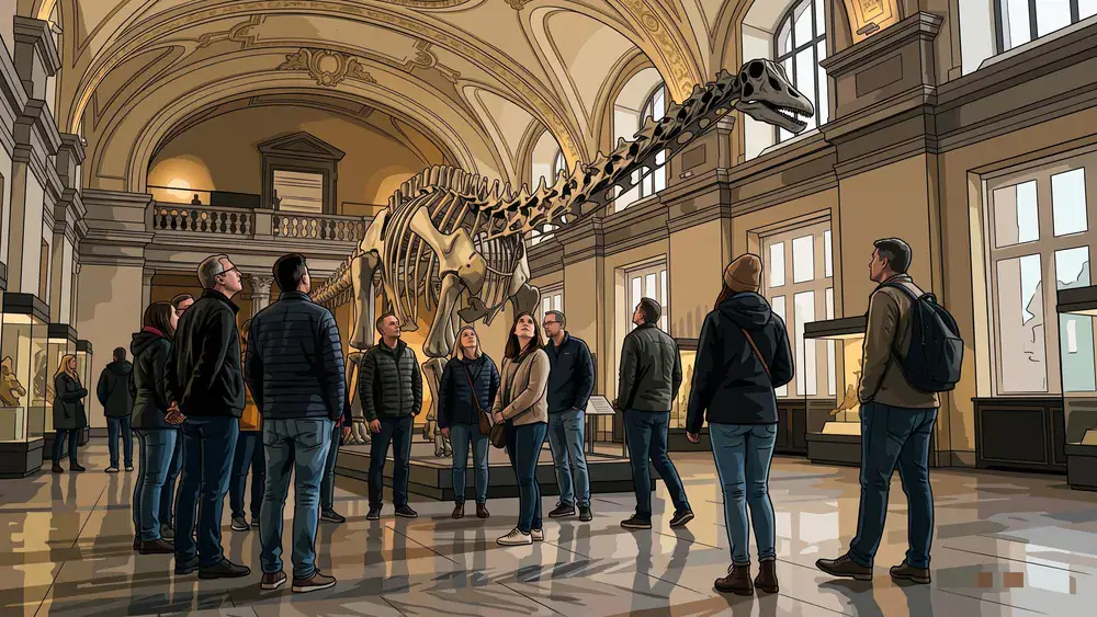 Naturhistorisches Museum Wien – Kollegen betrachten ein vollständiges Diplodocus-Saurierskelett im Prachtsaal