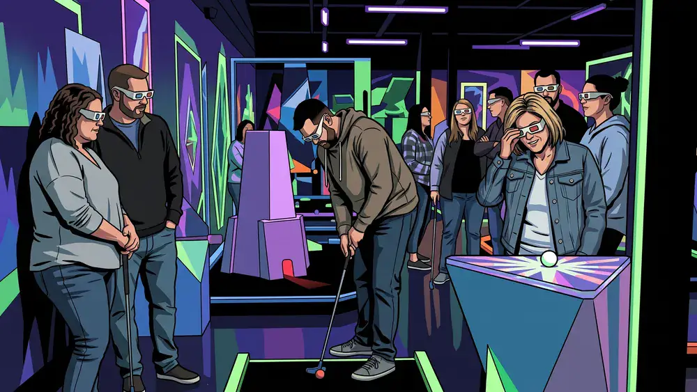 Schwarzlicht Minigolf in Wien – Kollegen spielen mit 3D-Brillen Minigolf in leuchtender Neonwelt