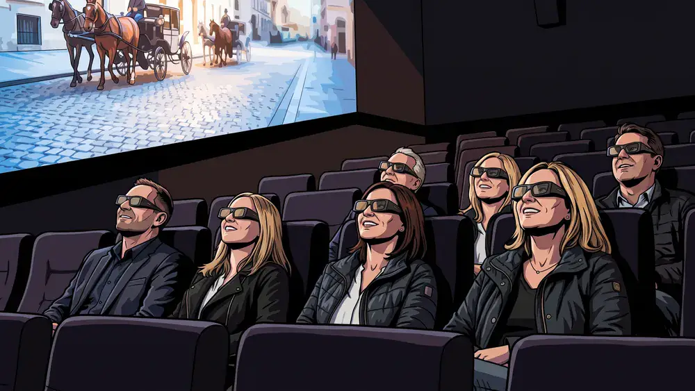 Time Travel Vienna – Kollegen mit 3D-Brillen in einer 5D-Show zur Wiener Geschichte