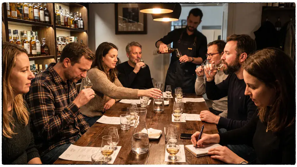 Whisky-Tasting in Wien – Kollegen verkosten unter Anleitung mehrere Single Malts an einem Holztisch