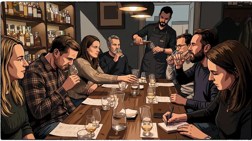 Whisky-Tasting in Wien – Kollegen verkosten unter Anleitung mehrere Single Malts an einem Holztisch