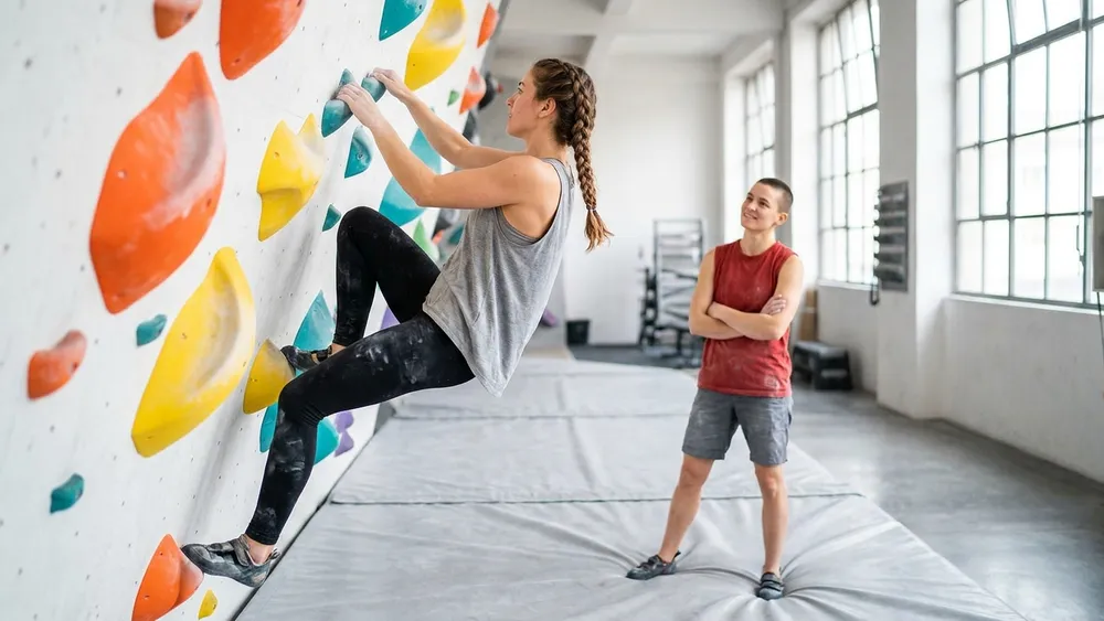 Boulderbar Wien – Zwei Personen klettern und sichern an einer farbigen Indoor-Boulderwand