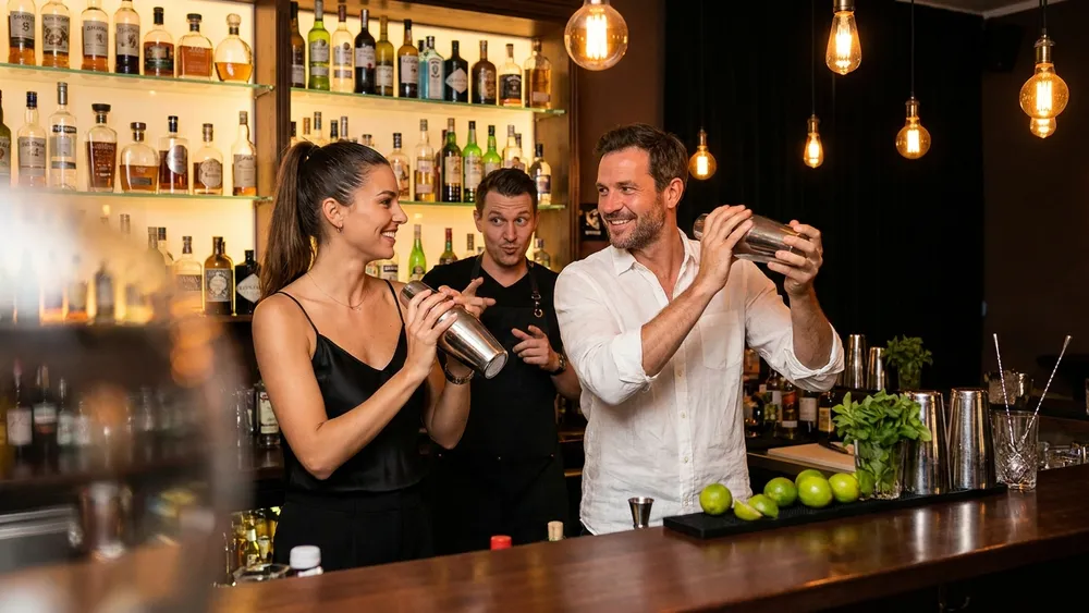 Cocktailkurs in Wien – Zwei Personen mixen Cocktails hinter einer beleuchteten Bar