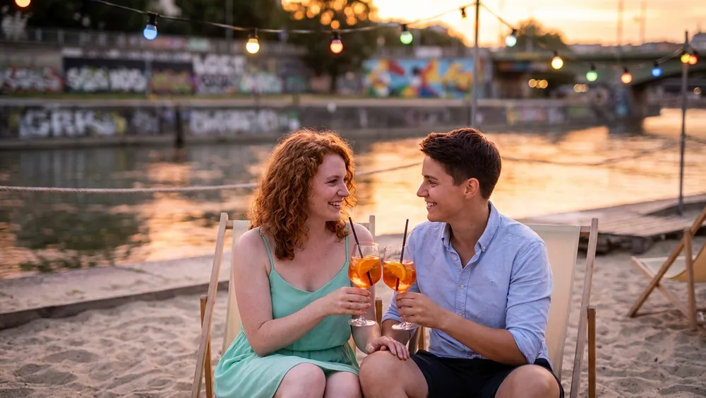 Donaukanal Wien – Zwei Personen sitzen mit Cocktails am Sandstrand der Strandbar Herrmann