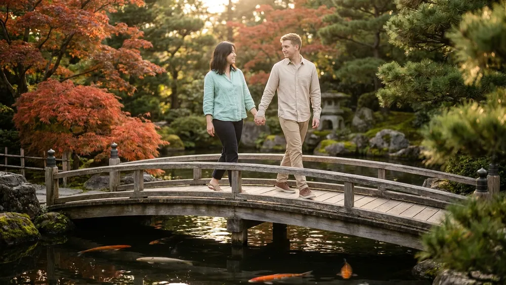 Setagayapark Wien – Zwei Personen überqueren die Brücke über den Koi-Teich im Japanischen Garten