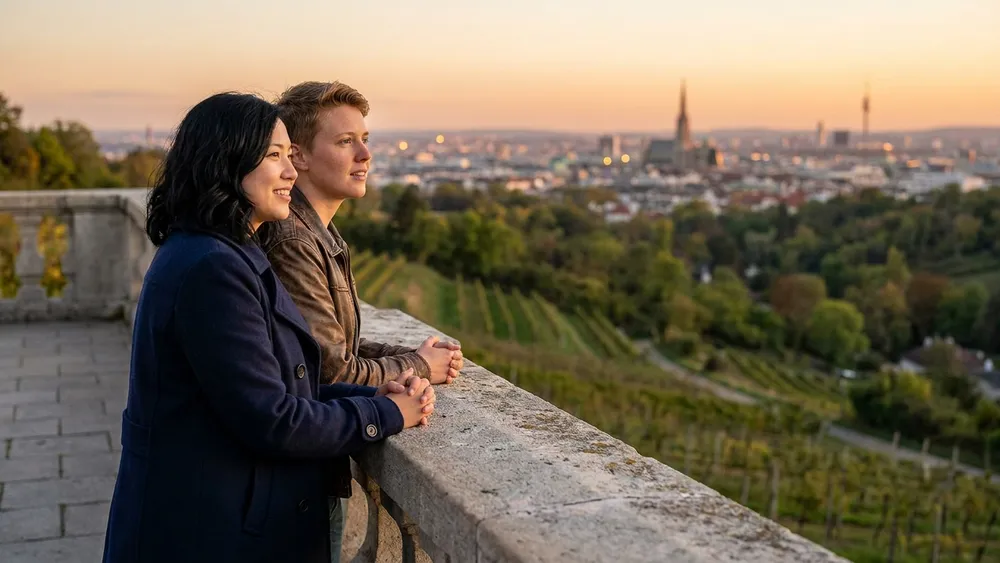 Kahlenberg Wien – Zwei Personen blicken bei Sonnenuntergang von der Aussichtsterrasse auf Wien