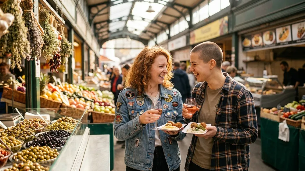 Naschmarkt Wien – Zwei Personen probieren Mezze an einem Marktstand