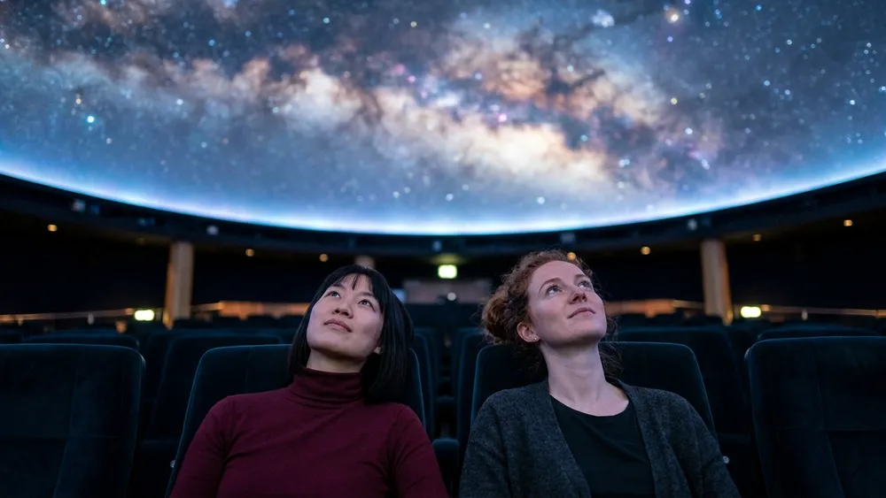 Planetarium Wien – Zwei Personen blicken in den Kuppelhimmel mit Sternenprojektion