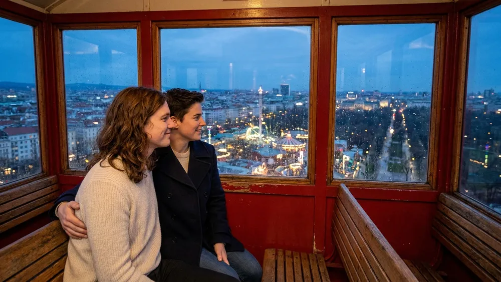 Wiener Riesenrad – Zwei Personen blicken aus einer Gondel über das beleuchtete Wien bei Dämmerung