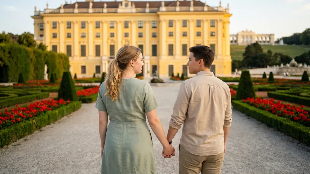 Schloss Schönbrunn Wien – Zwei Personen spazieren durch den Barockgarten mit Schloss im Hintergrund