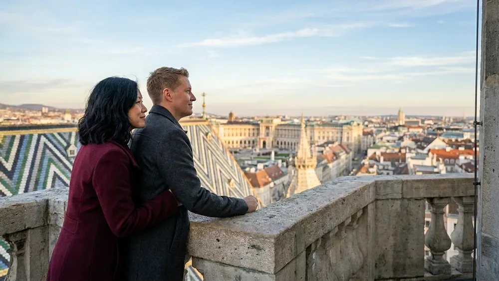 Stephansdom Wien – Zwei Personen blicken vom Südturm über das gemusterte Dach auf die Wiener Innenstadt