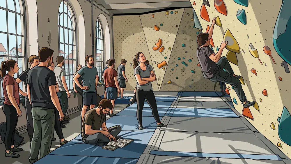 Boulderbar Wien – Gruppe klettert und sichert an einer farbigen Indoor-Boulderwand