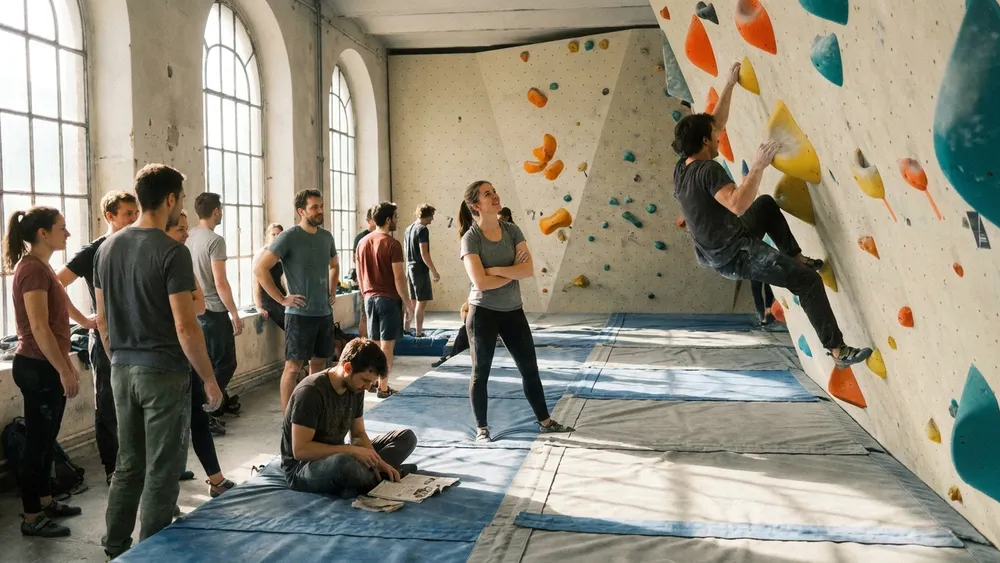 Boulderbar Wien – Gruppe klettert und sichert an einer farbigen Indoor-Boulderwand
