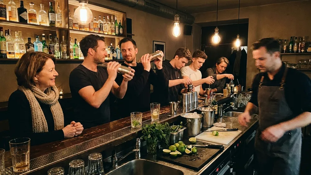 Cocktailkurs in Wien – Gruppe mixt Cocktails hinter einer beleuchteten Bar mit Anleitung in der Innenstadt