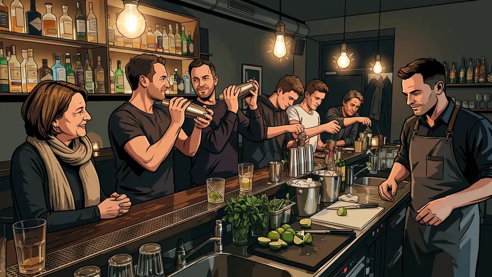 Cocktailkurs in Wien – Gruppe mixt Cocktails hinter einer beleuchteten Bar mit Anleitung in der Innenstadt
