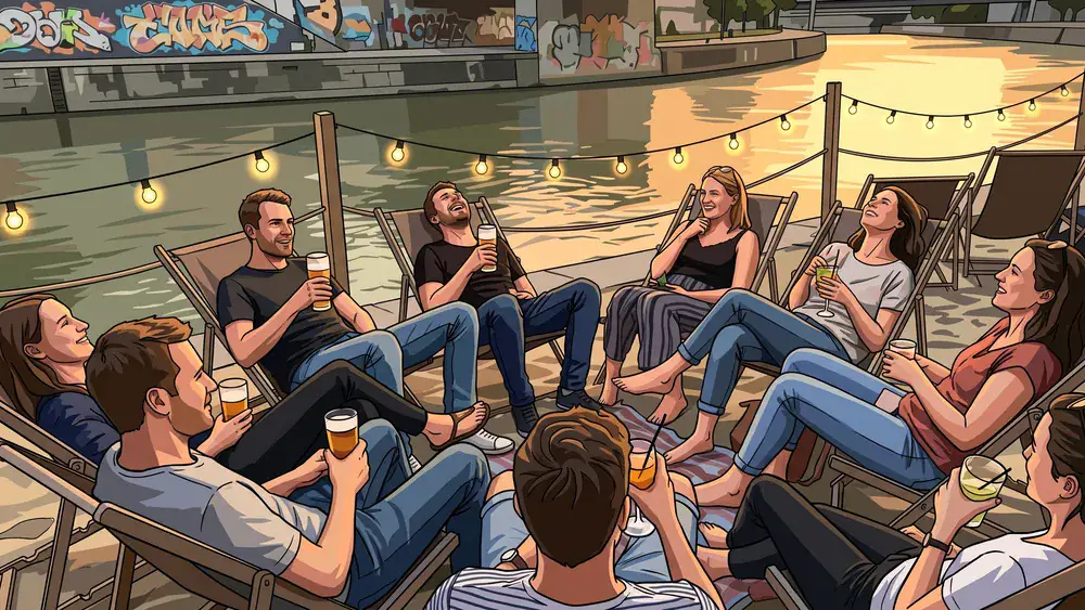 Donaukanal Wien – Gruppe sitzt mit Drinks am Sandstrand der Strandbar Herrmann