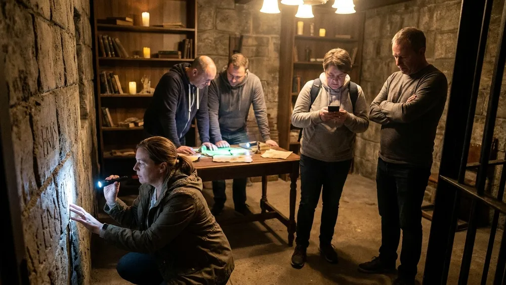 Escape Room in Wien – Gruppe aus 5 Personen löst gemeinsam Rätsel in einem thematisch gestalteten Raum
