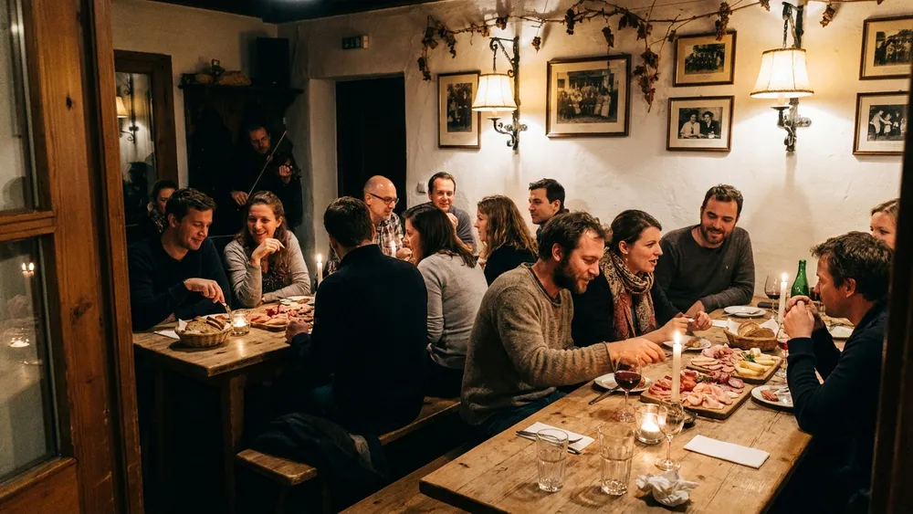 Heuriger Mayer am Pfarrplatz – Gruppe trinkt Wein und isst Schmankerl in einem Wiener Traditionsheurigen in Heiligenstadt