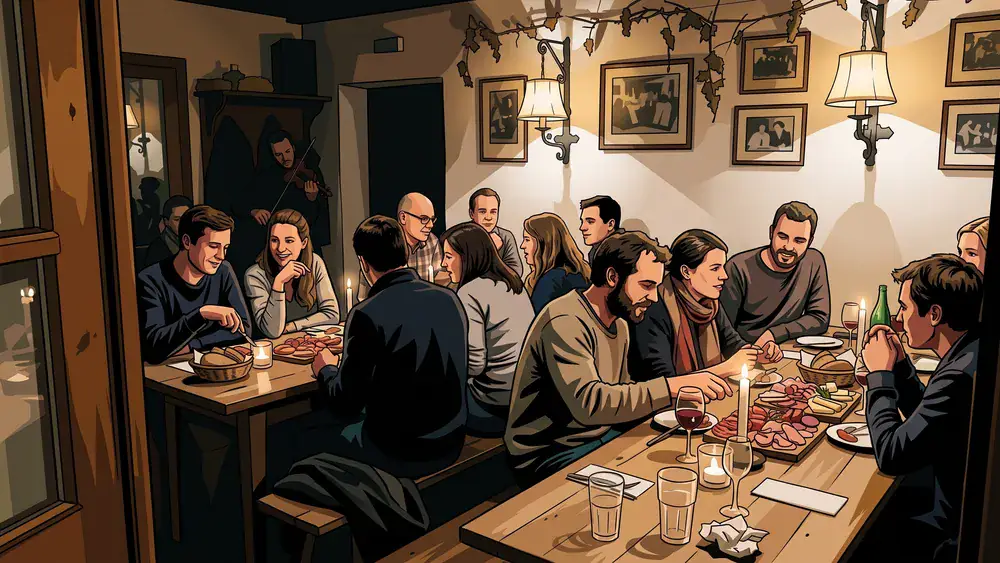 Heuriger Mayer am Pfarrplatz – Gruppe trinkt Wein und isst Schmankerl in einem Wiener Traditionsheurigen in Heiligenstadt