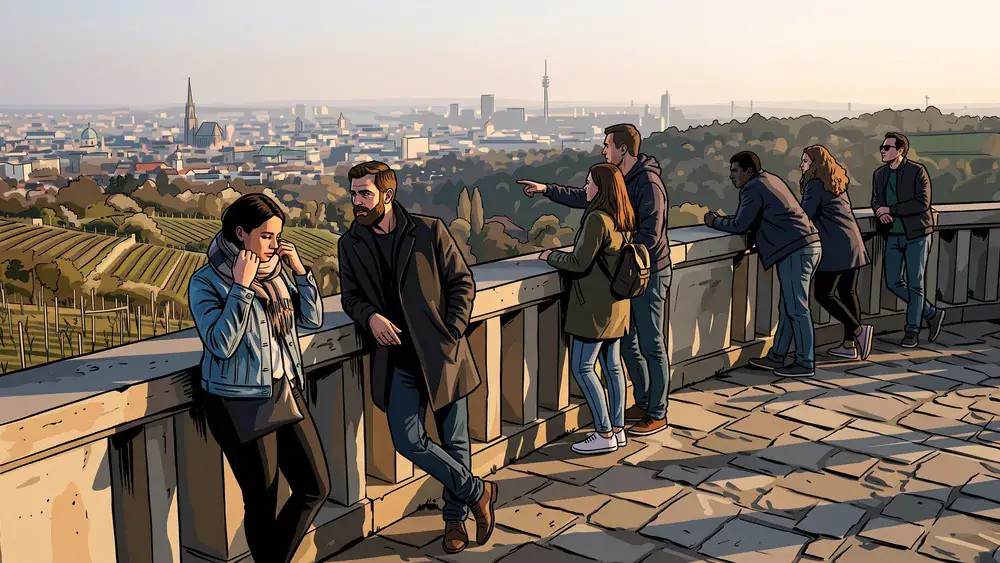 Kahlenberg Wien – Gruppe blickt bei Sonnenuntergang von der Aussichtsterrasse auf Wien