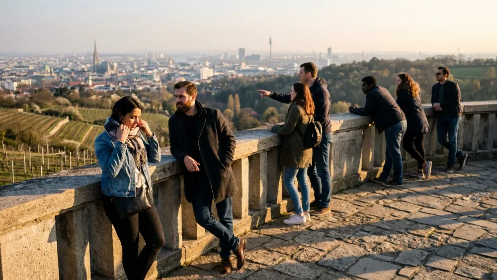 Kahlenberg Wien – Gruppe blickt bei Sonnenuntergang von der Aussichtsterrasse auf Wien