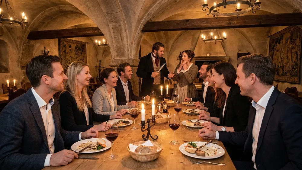 Krimidinner in Wien – Gruppe verfolgt eine Mordfall-Inszenierung beim Menü im historischen Gewölbe