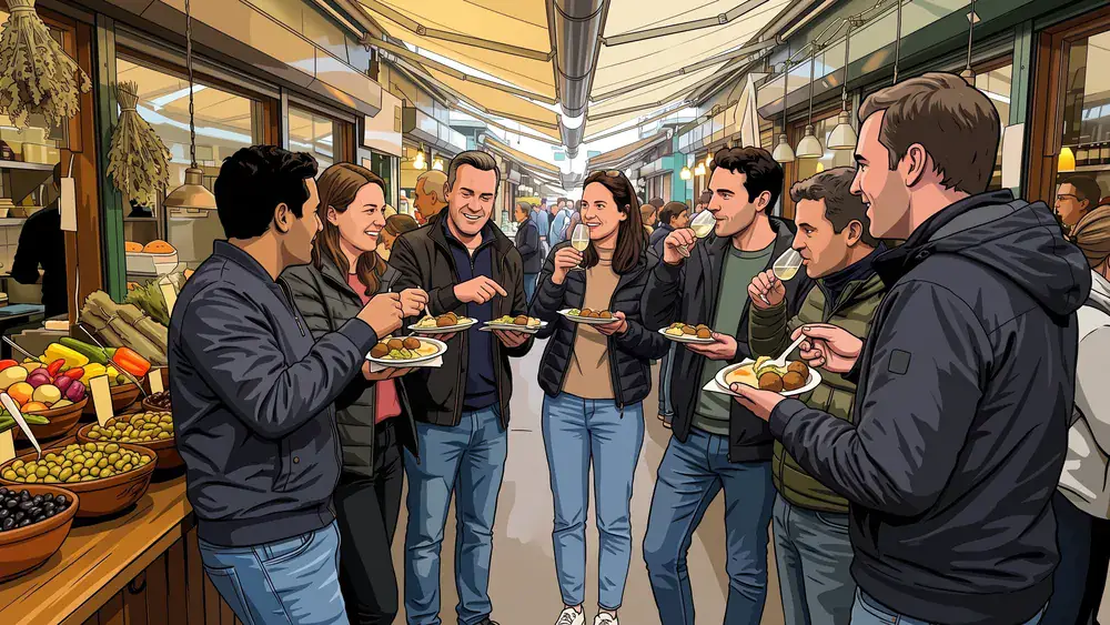 Naschmarkt Wien – Gruppe probiert gemeinsam Mezze an einem Marktstand