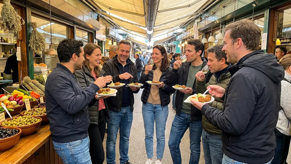 Naschmarkt Wien – Gruppe probiert gemeinsam Mezze an einem Marktstand
