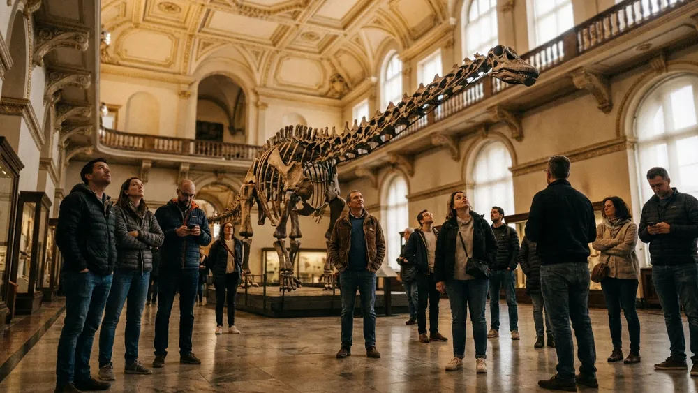 Naturhistorisches Museum Wien – Gruppe betrachtet ein vollständiges Diplodocus-Saurierskelett im Prachtsaal